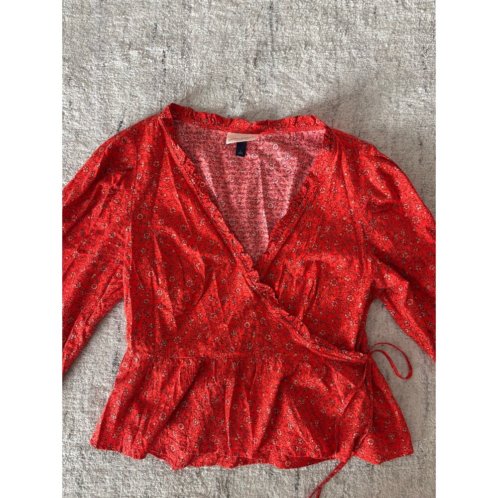 Universal Thread Red Floral Wrap Blouse Womens Large Long Sleeve Tie Waist - Picture 6 of 10